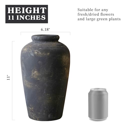 11 Inch Tall Large Ceramic Rustic Flower Vase for Home Office Decor, Boho Farmhouse Living Room Coffee Table Kitchen Bedroom Bathroom Wall Decor Aesthetic, Vintage House Shelf Decor -Bronze
