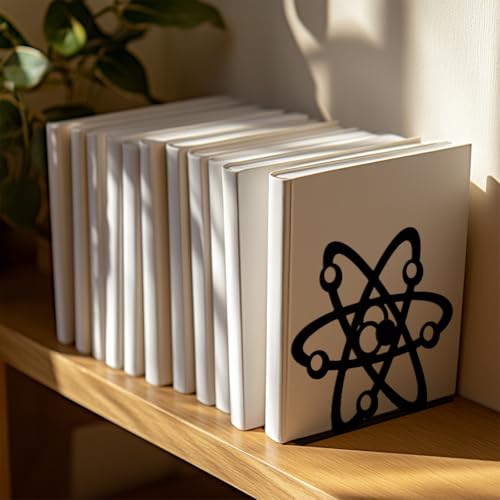 Peacoblue Metal Bookends for Shelves, Modern Decorative Heavy Duty Study Book Support Stoppers for Office, Desk, Shelf, Room 5.3"x4.3"x4.6" Cast Iron Simple Tall Bookends, 1 Pair (Atom) - style: Atom