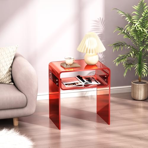 Clear Acrylic End Table 2-Tier Bedside Nightstand for Living Room Bedroom (1, Red) - color: Red