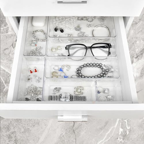 Manalete Drawer Organizers Set of 12, 4 Sizes Clear Plastic Drawer Organizers and Storage Bins for Kitchen, Bathroom, Office, Dresser Desk Drawer Organizer Tray for Jewelry, Makeup, Junk, Gadgets