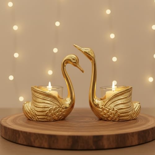 Golden Swan Decor Set of 2 Tealight Candle Holder with Glass Cups Multipurpose Mini Planter & Table Decor Luxury Metal Home Decoration Gift