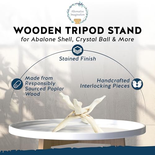 Alternative Imagination Wooden Tripod Display Stand - 8-Inch Hand Carved Holder Made from Mango Wood -Folding Natural Stand for Abalone Shell, Crystal Ball, Key Bowl,Trinket Dish, Incense,Decor & More - size: 8 Inches