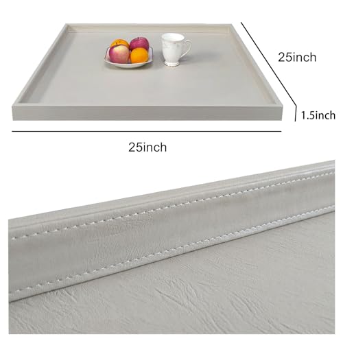 25 x 25 inches Luxury Leather Square Oversized Service Tray, Ottoman & Coffee Tray for Family Dinner, Out-of-House Picnic & Party (25 inch Beige) - color: 25 Inch Beige