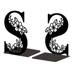 Peacoblue Metal Bookends for Shelves, Modern Decorative Heavy Duty Study Book Ends Stoppers for Office, Desk, Shelf, Room 5.3"x4.3"x7.1" Cast Iron Simple Tall Bookends 1 Pair (Letter S with Flower) - style: Letter S with Flower