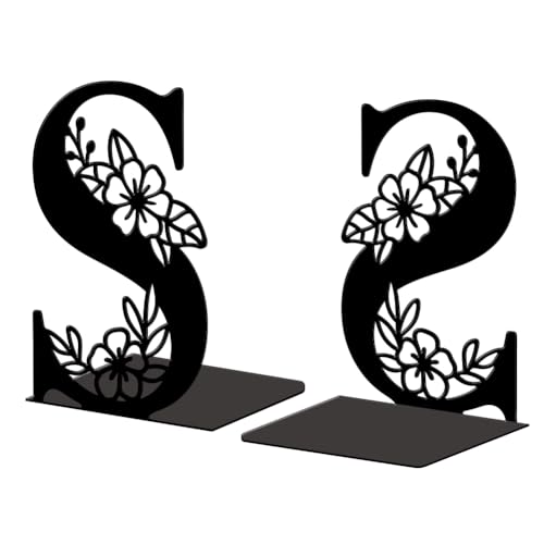 Peacoblue Metal Bookends for Shelves, Modern Decorative Heavy Duty Study Book Ends Stoppers for Office, Desk, Shelf, Room 5.3"x4.3"x7.1" Cast Iron Simple Tall Bookends 1 Pair (Letter S with Flower) - style: Letter S with Flower