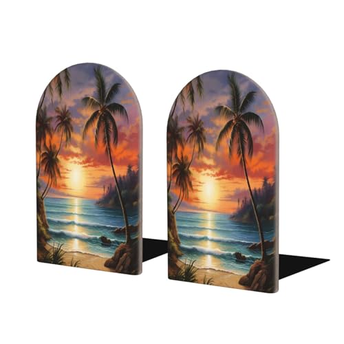 Decorative Bookends 2 Pcs Beach Sunset Tropical Palm Tree Wood Bookends for Shelves Heavy Books Kids Non-Skid Book Ends Stoppers for Office Desk Kitchen School - color: Beach Sunset Tropical Palm Tree