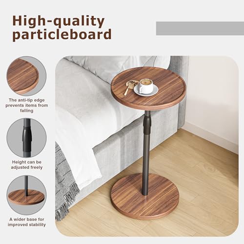 Adjustable End Table, Small Round Side Table, Drink Table for Small Spaces, Pedestal Nightstand for Living Room, Bedroom, Sofa Couch, Brown ET-010BR - color: Brown
