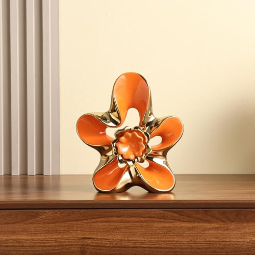 Ceramic Statue Home Decor Aesthetic Abstract Flower Sculpture Modern Decorative Statues for Living Room Bedroom Bookshelf Desktop Dinging Table Centerpiece Office (Orange and Gold) - color: Orange and Gold