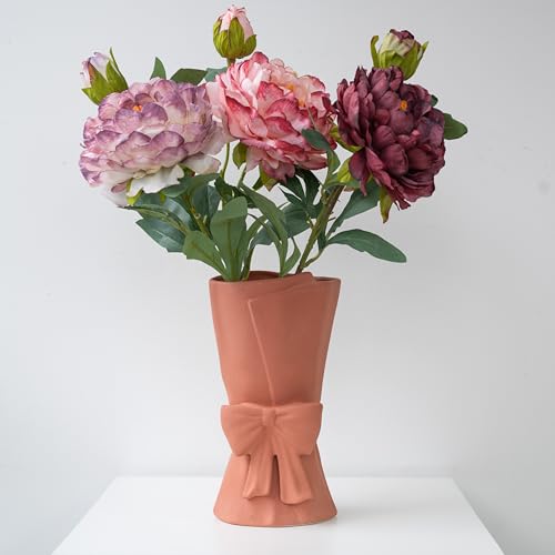 Relexome Pink Ceramic Bow Vase 9.64 in Unique Cute Modern Decorative Bouquet Flower Vases for Home Living Room Table Decor Women Girl Gifts - color: Pink