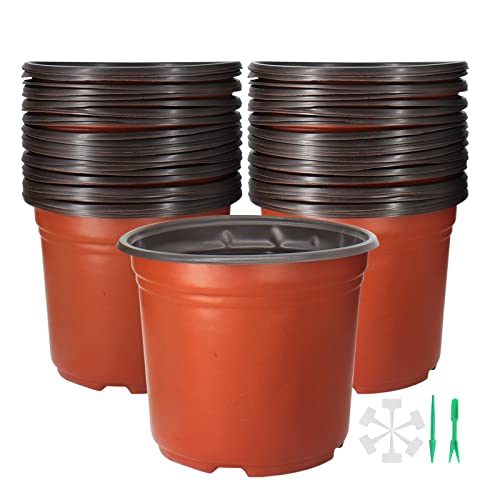 50 Pack 1 Gallon Plastic Plant Nursery Pots Thickened Soft Plastic Plant Pots with 50 Pcs Waterproof Plastic T-Type Plant Tags and 2Pcs/Set Transplanting Digging Mini Tools - size: 1 gallon--7.48inch(50pcs)
