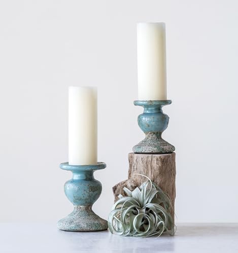 Creative Co-Op Large Distressed Blue Terracotta Pillar Candle Holder - color: Blue, size: 5.5" W x 6.5" H