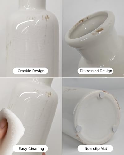 White Ceramic 3 Piece Vase Set, Vintage Farmhouse Decorative Home Decor Vases for Living Room & Kitchen, Distressed Crackle Glaze Flower Vases for Table Bookshelf Mantel & Office - color: White01