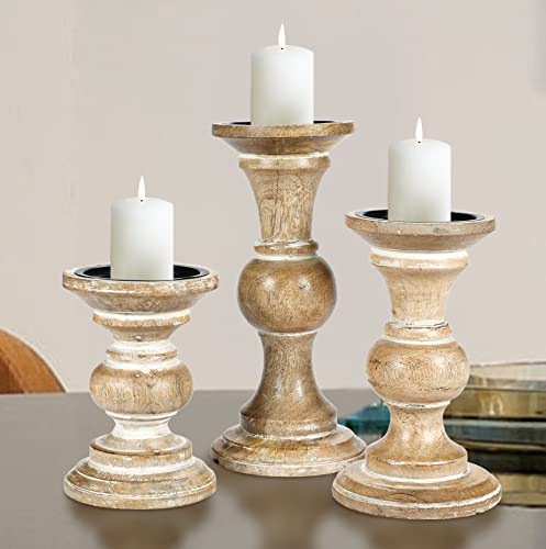 Candle Stands Wooden for Pillar Candles,Rounded Turned Colums, Sustainable Woods, Country Style, Ideal for Reiki, Aromatherapy, Votive Candle Gardens Home décor - 10,8,6 Inch Set of 3 - White Wash - color: White Wash, size: 10,8,6 Inch Set of 3 - Mid Rib