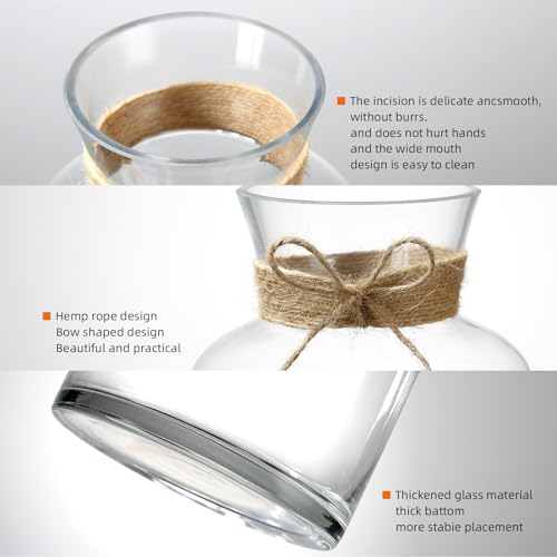 8" Decorative Modern Flower Vase with Twine Rope for Floral Arrangements, Wide Mouth Large Clear Glass Vase for Bouquet(Transparent) (Clear, 03) - color: Clear, size: 03