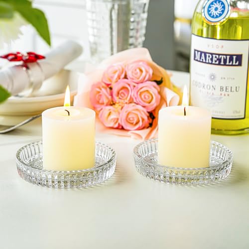 kanpura Crystal Glass Candle Holder Plates Set of 2 3.7 Inch Round Clear Glass Pillar Candle Holder Snowflake Votive Candle Holder Set for Christmas Winter Party Birthday Holiday - color: Snowflake,1