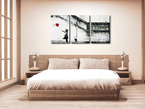 Wieco Art Banksy Grafitti Girl with Red Balloon Modern 3 Piece Famous Canvas Paintings Wall Art Inspirational Grey Love Pictures Print Artwork for Dining Room Kitchen Home Office Decor - color: Girl with Red Balloon, size: 16 x 24 inches (Unframed)