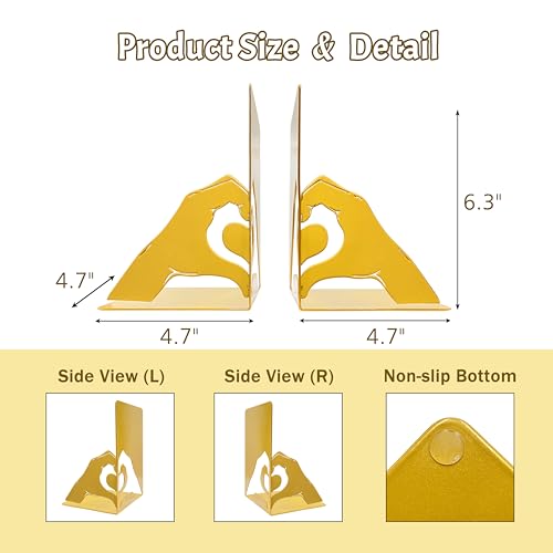 Heart Shape Hand Design Gold Bookends – Unique Decorative Bookends for Shelves – Perfect for Kids Room – Book Stopper for Shelves – Modern Black Bookends