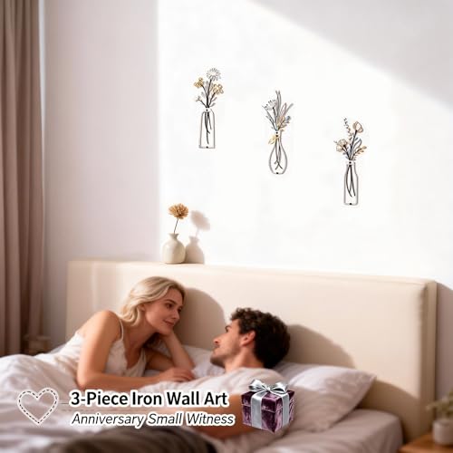 Set of 3 Colorful Metal Flower Wall Art, Modern Farmhouse Rustic Vase Wall Decor for Living Room Bathroom Kitchen Bedroom, Elegant Gift for Housewarming Spring Mother's Day for Homeowners - color: Colorful