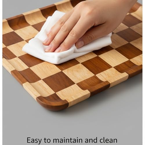 Rectangular Checkered Acacia Wood Serving Tray – Decorative Wooden Tray for Coffee Table, Snacks, and Food – Modern Wood Serving Tray for Kitchen, Dining, and Living Room Decor（13.7" x 9.8" x 0.6"）