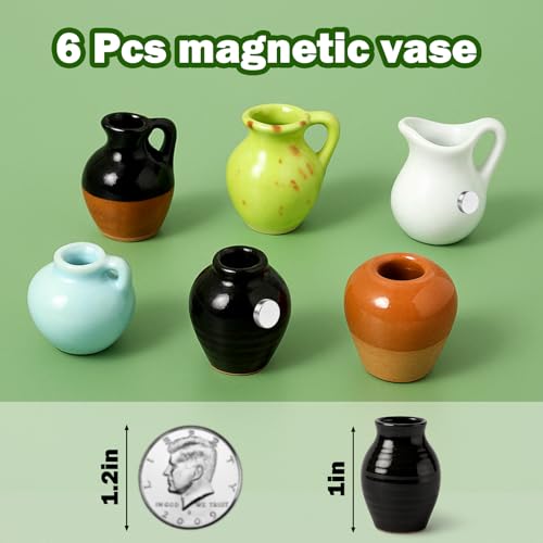 Juome Mini Vase Magnets for Fridge - 6PCS Cute Tiny Ceramic Magnet Vases for Flowers Plant, 3D Mini Magnetic Vases for Refrigerator Kitchen Locker Office Decoration (Include Flower) - color: 6pcs+flower