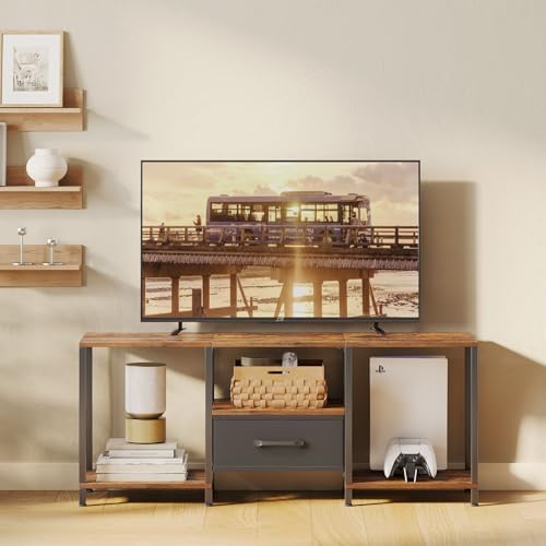 JARHETUN TV Stand with Fabric Drawer for 55 Inch TV, Entertainment Center with Open Shelves, Media TV Console Table for Living Room, Bedroom, Rustic Brown - color: Rustic Brown, size: 46.1 Inches