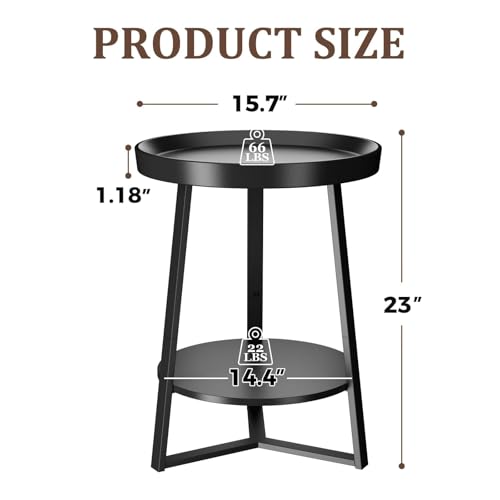 Gadroad Round End Table with Storage Shelf, 2 Tier Farmhouse Side Table Nightstand for Living Room, Bedroom, Wood Tabletop & Black Metal Frame, Black 15.7 * 15.7 * 23.0inches - color: Black, style: No Charging Station