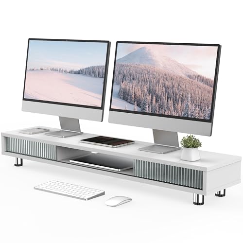 Fenge Dual Monitor Stand, 42.5inch Long Monitor Stands Riser for 2 Monitors, Sliding Door with Storage Organizer Stand for Desk, 2 Tier Desk Shelf for Laptop, Pc, Printer, Computer, TV - color: White