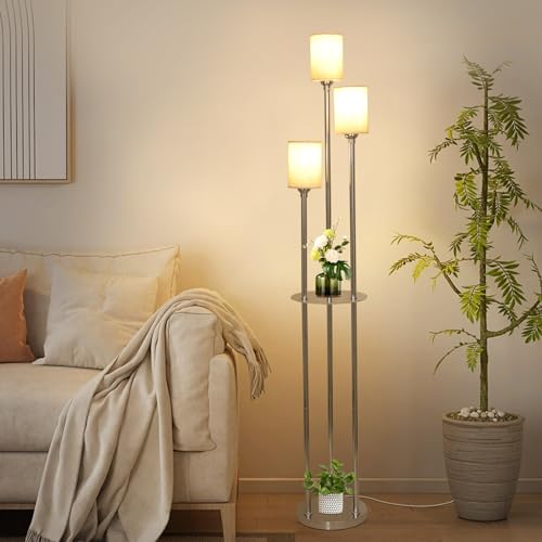 Floor Lamps for Living Room, 3-Lights Modern Floor Lamp with Shelves, Chrome Standing Lamp with Fabric Shade and Foot Switch, Shelf Standing Lamps with Table, Tall Lamps for Bedroom Office - style: Chrome-Fabric Shade