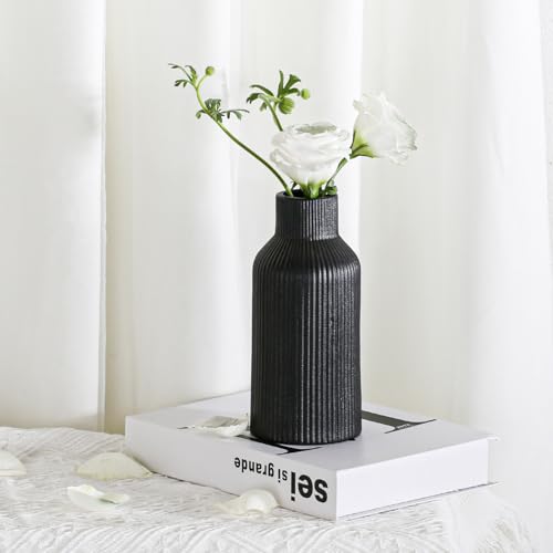 Bohemian Black Ceramic Vase - for Pampas Grass, Mantel, Bookshelf, Entryway and Living Room Decor (Black, 7in) - color: Black, size: 7in