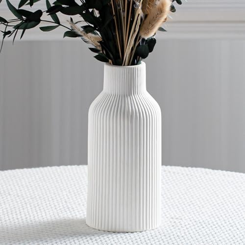Bohemian White Ceramic Vase - for Pampas Grass, Mantel, Bookshelf, Entryway and Living Room Decor (White, 8in) - color: White, size: 8in