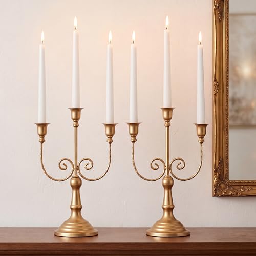 NUPTIO Candlestick Holders Candelabras Gold Candle Stick Stands 2 Pcs Metal Candelabra Centerpieces Candlestick Holders for Tapered Candles Wedding Birthday Party Dining Table Christmas Decoration 11" - color: 3-arms Gold, size: 2 Pcs