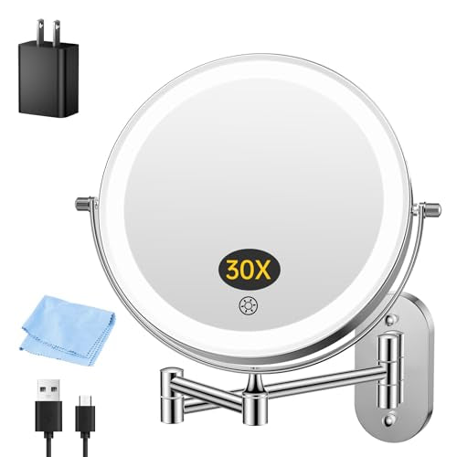 FUNTOUCH 5000mAh Rechargeable Wall Mounted Makeup Mirror with Lights,Double Sided 1X/30X Magnification,3 Color Lights,Touch Dimmable,Extended Arm 360 Rotation Lighted Bathroom Mirror - color: Polished Chrome