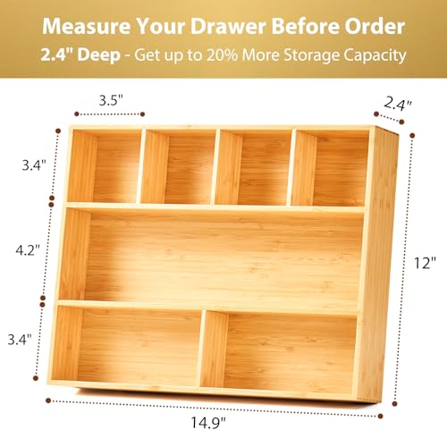 Umilife Large Bamboo Desk Drawer Organizer, Wood Junk Organizer Tray with Adjustable Dividers, Anti-Skip Storage Organization in Office Bathroom Drawer for Vanity, Makeup, 15" x 12" - size: 15"x12"