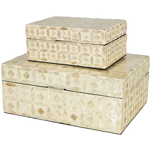 Deco 79 Mother of Pearl Shell Decorative Box Mosaic Storage Decorative Keepsake Boxes with Taupe Accents, Set of 2 Storage Boxes 12", 8"W, Beige - color: Beige, size: 11.9", 8"W