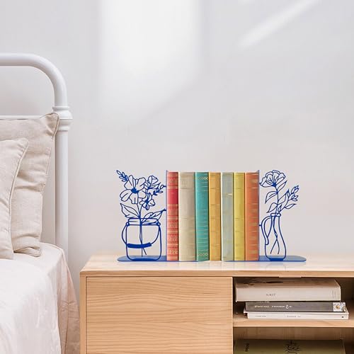 Flower Vase Bookends, Metal Decorative BookEnds for Shelves Cute Book Ends for Office Home Decor, Ideal Gift for Book Lovers (Blue) - color: Blue