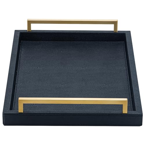 XIGEXIGE Black Faux Leather Serving Tray, 17x12 inches, Brushed Gold Handles, Decorative Tray for Ottoman Coffee Table, Living Room, Kitchen, Bathroom - color: Black, size: 17" x 12" x 2.5"
