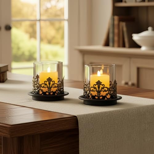 Vintage Gothic Glass Hurricane Candle Holders, Black Metal Base with Gold Accents, Clear Glass Sleeve, 4.3x4 Inch, Set of 2, for Pillar Candles - size: Height 4 inches - 2 Pieces