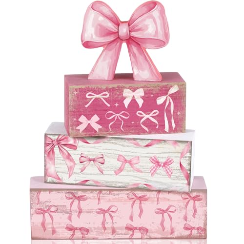 Conelist 4 Pcs Pink Bow Room Decoration Galentines Coquette Gift Pink Bow Block Sign Centerpiece for Table Gift for Teen Girl Birthday Bachelorette Bridal Wedding Baby Shower Valentines Party Supplies - style: Pink Bow