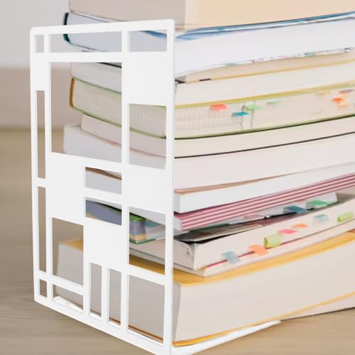 2Pcs Minimalist Metal Bookends Sturdy Hollow Square Book Holders in White Desktop Book Organizers with Elegant Pattern Design for Home and Office Decor