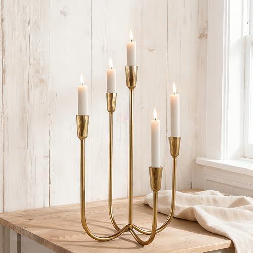 Cast Iron Candelabra 5-Taper Candle Holders, Golden Metal Candlestick Holders Tabletop Candles Stand, Decorative Table Centerpieces Mantel Decor, Antique Brass - color: 5-arm