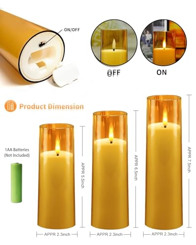 kakoya Flickering Flameless Candles Battery Operated with Remote and 2/4/6/8 H Timer Acrylic Led Pillar Candles Pack of 9 (appr D2.3"xH5.5"6.5"7.5")with Realistic 3D Wick Candles for Home Decor(Gold) - color: Gold