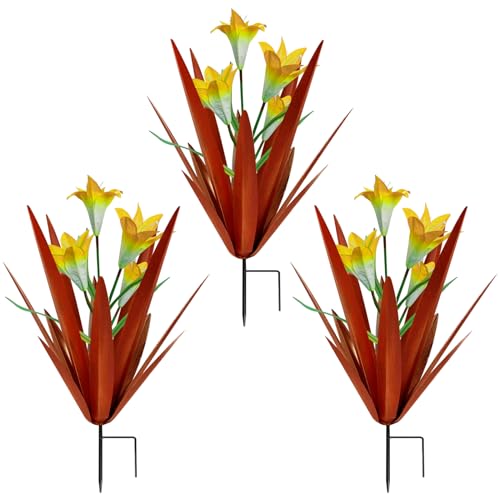 Homight Metal Agave Plant Outdoor Decoration Lily Mexican Yard Art Garden Gift Home Decor Hand Painted Metal Agave Garden Yard Statue, Outdoor Lawn Ornaments(3 Big Yellow Lilies) - color: 3 Big Yellow Lilies