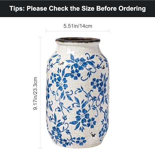 Blue and White Vase, Ceramic Flower Vases, Rustic Vintage Chinoiserie Vase for Home Decor, Farmhouse Decor, Shelf, Living Room, Bedroom, Table Decoration, 9 inch, Blue and White - color: Blue and White