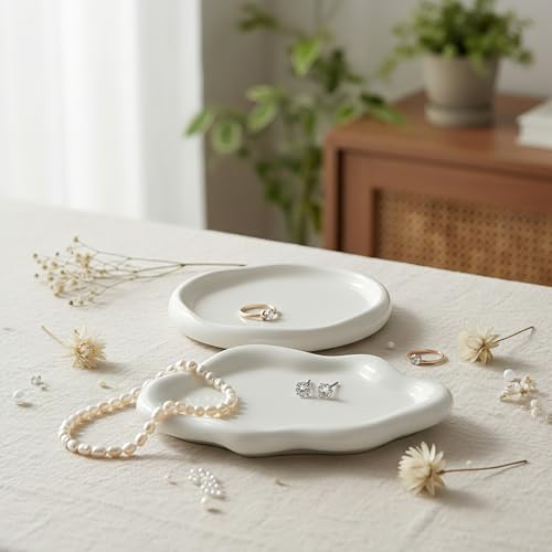 Patelai Ceramic Jewelry Tray Set of 2, Trinket Dish Decorative Cloud Vanity Key Tray for Ring Holder Cute Jewelry Plate Bowl Birthday Gifts for Mom Women Aesthetic Room Decor, White