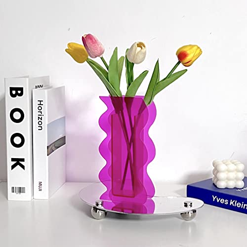 Hot Pink Acrylic Vase, 8-Inch Wave Shaped, Modern Centerpiece, Home Office Decor - color: Hot Pink