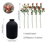 Artificial Flowers with Vase, 15 Heads Silk Roses, Flowers for Centerpieces, Matte Black Metal Vase, Modern Farmhouse Decor, Tabletop Decorations for Party, House Stuff for New Home, 8.6"