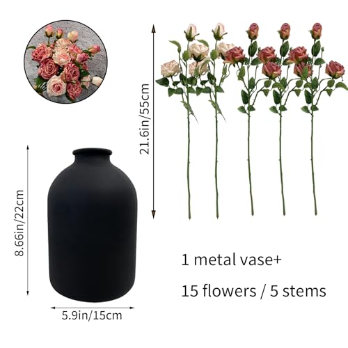 Artificial Flowers with Vase, 15 Heads Silk Roses, Flowers for Centerpieces, Matte Black Metal Vase, Modern Farmhouse Decor, Tabletop Decorations for Party, House Stuff for New Home, 8.6"
