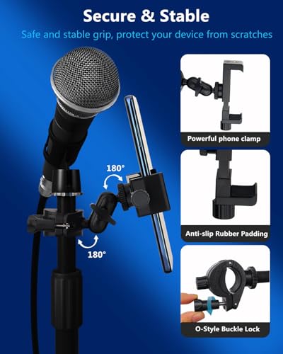Mic Stand Phone Holder, Phone Holder Mount for Microphone Stand, Music Stand, Guitar Drums, Phone Clamp for iPhone 15 14 13 12 11 Plus Pro Max Mini Samsung Galaxy S24 S23 Ultra Google Pixel 8 7