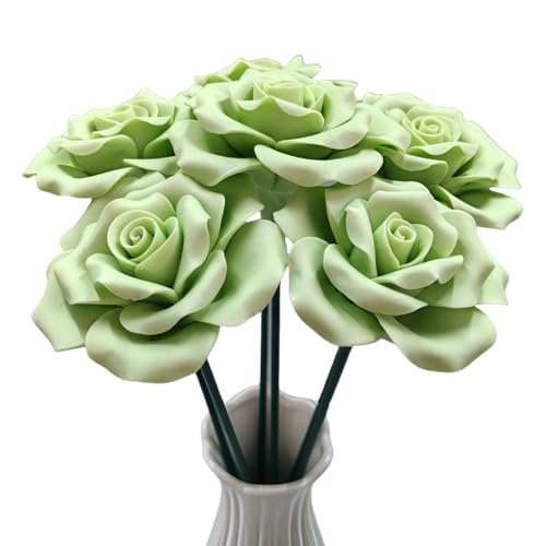 Handmade Porcelain 3D Ceramic Rose Flower, Eternal Flower Decoration for Home Office Decor, Creative Desktop vases, Porcelain Decorations, Exquisite, Set of 6 (Green) - color: Green