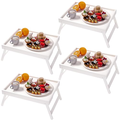 Fibogollo 4 Pack Bamboo Bed Tray Table with Folding Legs,Breakfast Trays,Serving Tray for Food and Snack,Laptop Trays for Working(White) - color: White, size: 4 PC
